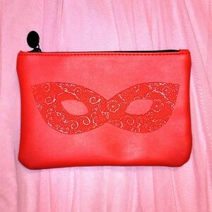 NEW Ipsy makeup bag; red vinyl w/embossed masquerade mask; black lining